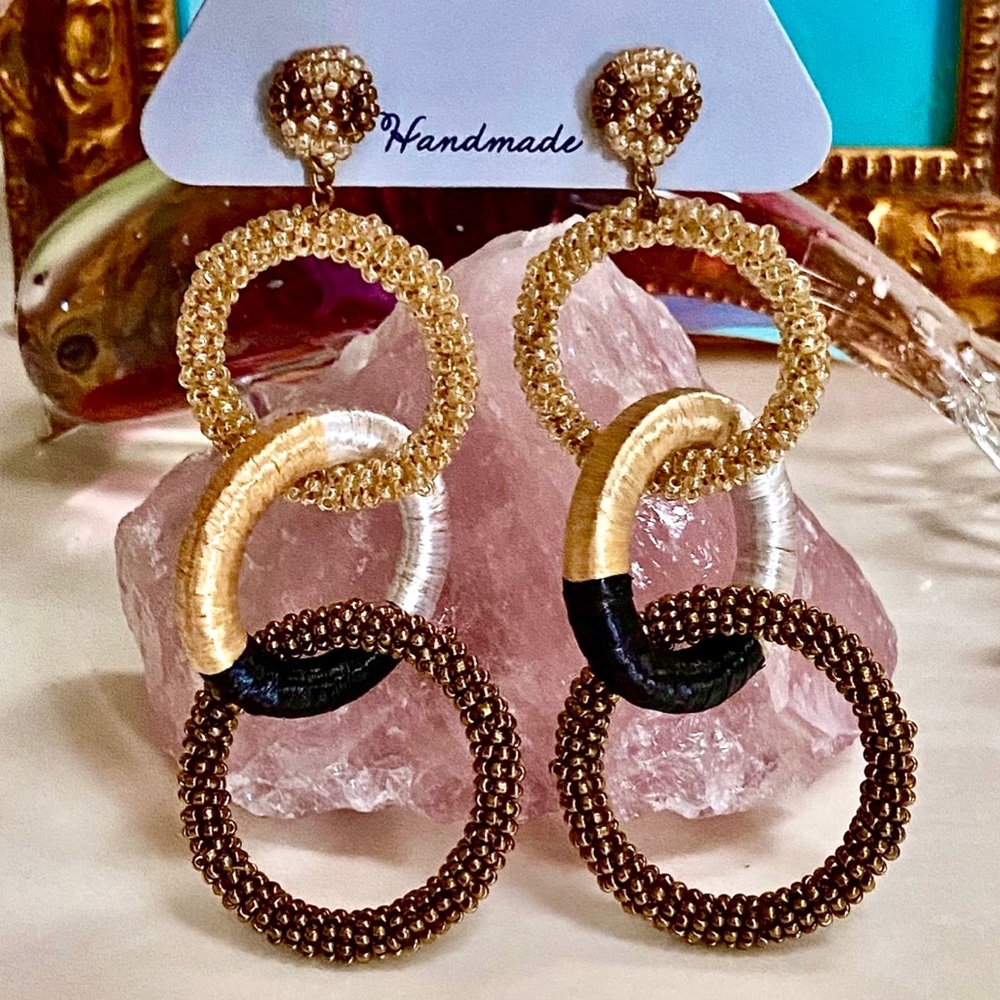 NWT Deepa Gurnani Triple Hoop Beaded Chandeliers - Picture 1 of 11